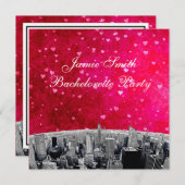 Etched NYC Skyline #2 Pink Red Heart Bachelorette Einladung (Vorne/Hinten)