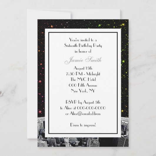 Etched NYC Skyline 2 Rainbow Star Sweet 16 V Einladung (Rückseite)