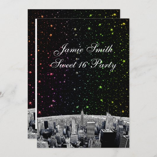 Etched NYC Skyline 2 Rainbow Star Sweet 16 V Einladung (Vorne/Hinten)