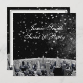 Etched NYC Skyline #2 Schwarz-weiß Heart Sweet 16 Einladung (Vorne/Hinten)