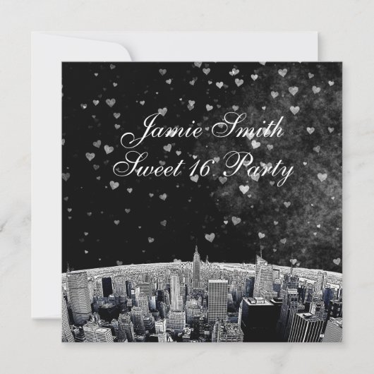 Etched NYC Skyline #2 Schwarz-weiß Heart Sweet 16 Einladung (Vorderseite)