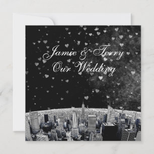 Etched NYC Skyline #2 Schwarz-weiß Heart Wedding Einladung