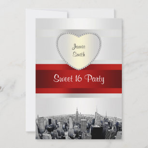 Etched NYC Skyline 2H White, Red Ribbon Sweet 16 Einladung