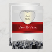 Etched NYC Skyline 2H White, Red Ribbon Sweet 16 Einladung (Vorne/Hinten)
