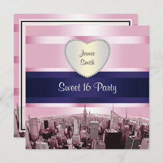 Etched NYC Skyline 2P Pink Blue Rbn H Sweet 16 Pty Einladung (Vorne/Hinten)