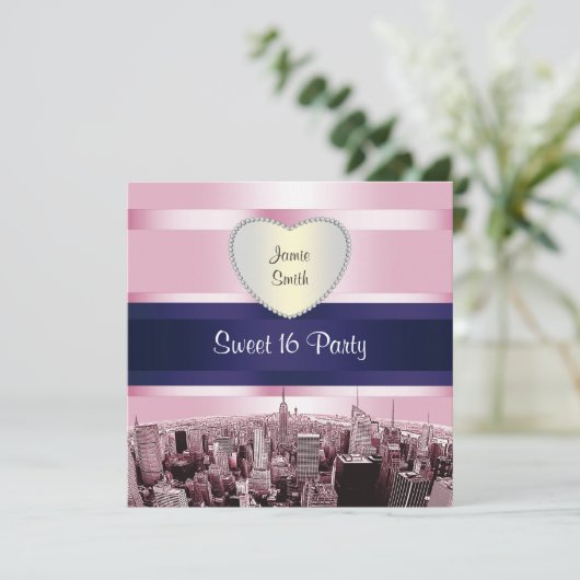 Etched NYC Skyline 2P Pink Blue Rbn H Sweet 16 Pty Einladung (Stehend Vorderseite)
