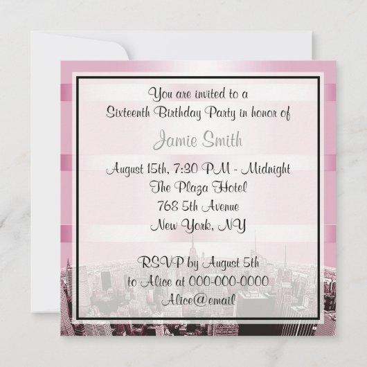 Etched NYC Skyline 2P Pink Blue Rbn H Sweet 16 Pty Einladung (Rückseite)