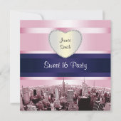 Etched NYC Skyline 2P Pink Blue Rbn H Sweet 16 Pty Einladung (Vorderseite)