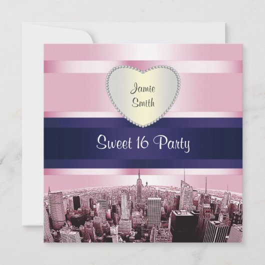 Etched NYC Skyline 2P Pink Blue Rbn H Sweet 16 Pty Einladung (Vorderseite)