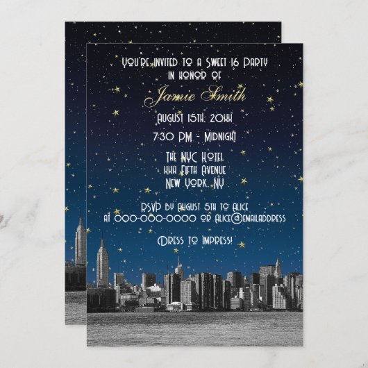 Etched NYC Skyline #3 Starry Blu Sunset Sweet 16 V Einladung (Vorne/Hinten)
