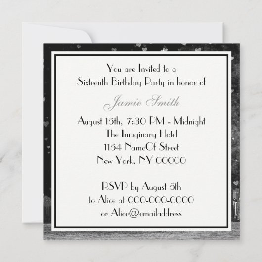 Etched NYC Skyline Black BG White Heart Sweet 16 Einladung (Rückseite)