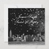 Etched NYC Skyline Black BG White Heart Sweet 16 Einladung (Vorderseite)