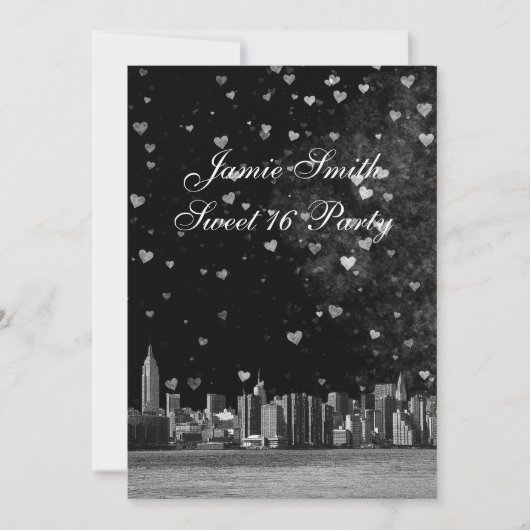 Etched NYC Skyline Black BG White Heart Sweet 16 V Einladung (Vorderseite)