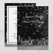 Etched NYC Skyline Black BG White Heart Sweet 16 V Einladung (Vorne/Hinten)