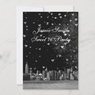 Etched NYC Skyline Black BG White Heart Sweet 16 V Einladung