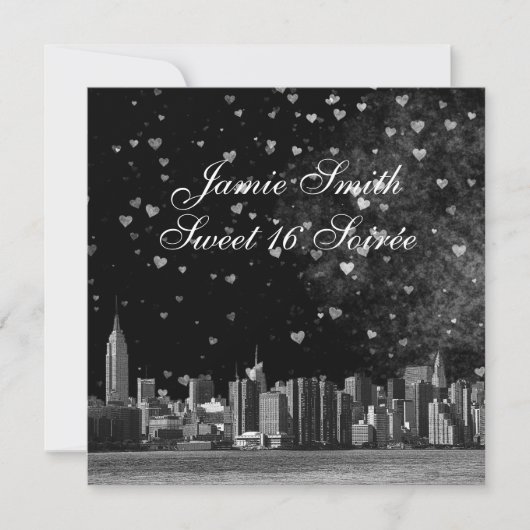 Etched NYC Skyline Black BG Wht Heart Sweet 16 SQ2 Einladung (Vorderseite)