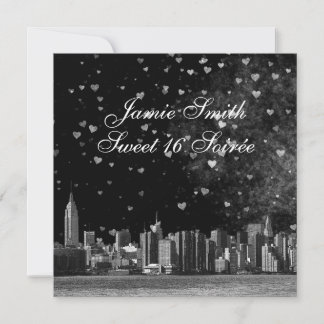 Etched NYC Skyline Black BG Wht Heart Sweet 16 SQ2 Einladung