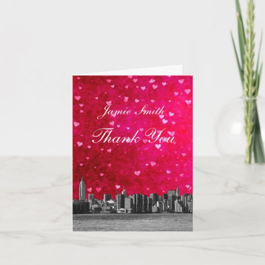 Etched NYC Skyline Hot Pink Red Heart Vielen Dank Dankeskarte (Vorderseite)