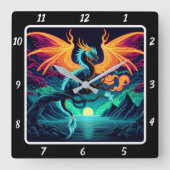 Eternal Blaze Neon Dragon Quadratische Wanduhr (Vorderseite)