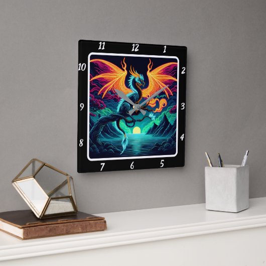Eternal Blaze Neon Dragon Quadratische Wanduhr (Büro)