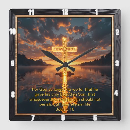Eternal Promise The Cross Rock Island John 3:16 Quadratische Wanduhr (Vorderseite)