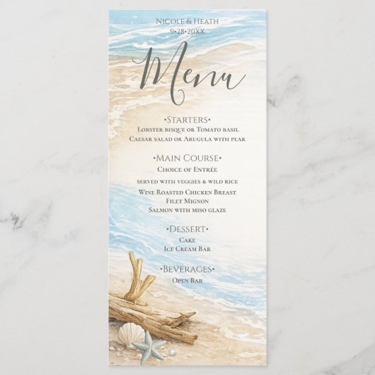 Eterntal Tides Coastal Watercolor Beach Wedding Menükarte (Vorderseite)