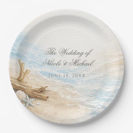 Eterntal Tides Coastal Watercolor Beach Wedding Pappteller (Vorderseite)