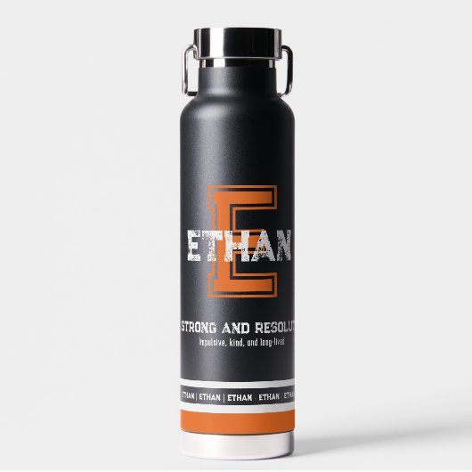 Ethan-Name bedeutet Sport-Monogramm-Orange Trinkflasche (Vorne)