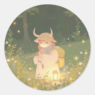 Ethereal Anime Girl mit Hörnern auf Whimsical Mead Runder Aufkleber
