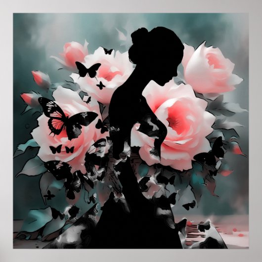 Ethereal Art Ballerina & Butterfliegen Schwarz/Ros Poster (Vorne)