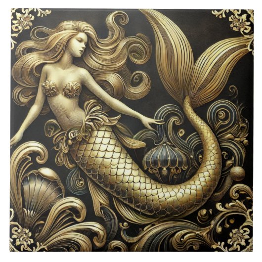 Ethereal Baroque Golden Mermaid Fliese (Vorderseite)