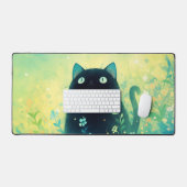 Ethereal Black Cat Teal Green Glowing Meadow Schreibtischunterlage (Tastatur & Maus)