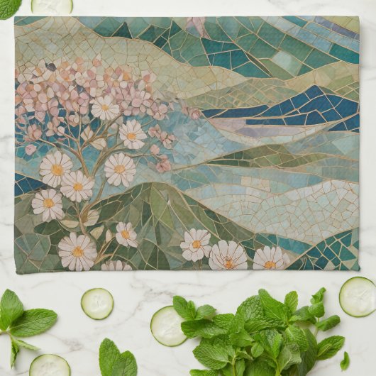 Ethereal Bloom: Pastel Mosaic Volcano in Spring Geschirrtuch (Gefaltet)