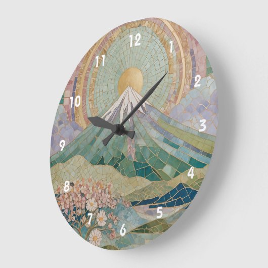 Ethereal Bloom: Pastel Mosaic Volcano in Spring Große Wanduhr (Winkel)