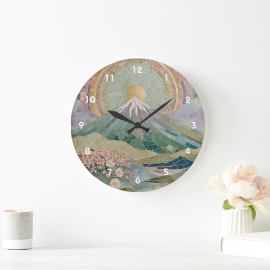 Ethereal Bloom: Pastel Mosaic Volcano in Spring Große Wanduhr (Zuhause)