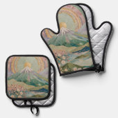 Ethereal Bloom: Pastel Mosaic Volcano in Spring Ofenhandschuh & Topflappen-Set (Vorderseite/Rückseite)