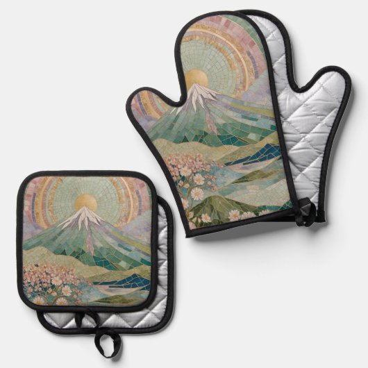 Ethereal Bloom: Pastel Mosaic Volcano in Spring Ofenhandschuh & Topflappen-Set (Vorderseite/Rückseite)