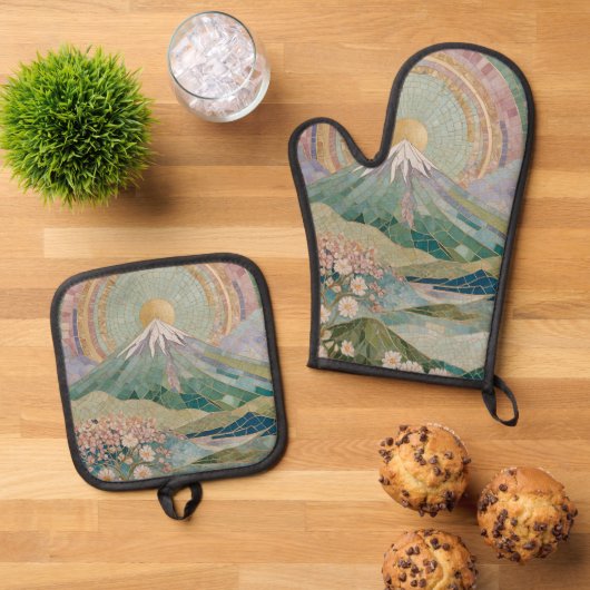 Ethereal Bloom: Pastel Mosaic Volcano in Spring Ofenhandschuh & Topflappen-Set (Oben Unten)
