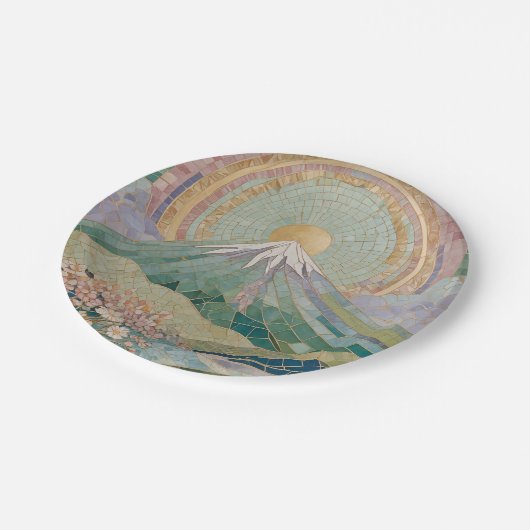 Ethereal Bloom: Pastel Mosaic Volcano in Spring Pappteller (Schrägansicht)
