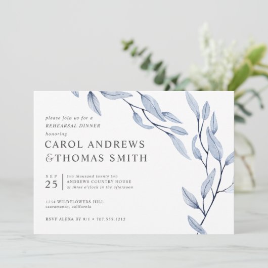 Ethereal Blue | Chic Botanic Probe Dinner Einladung (Stehend Vorderseite)