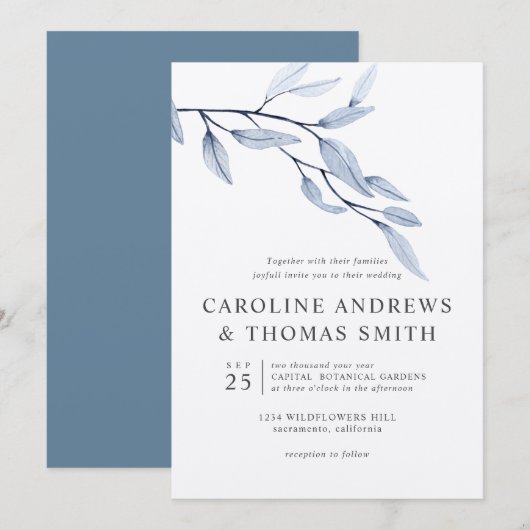 Ethereal Blue | Chic Botanical Blätter Hochzeit Einladung (Vorne/Hinten)