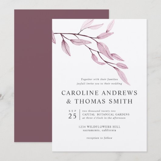 Ethereal Blue | Chic Botanical Blätter Hochzeit Einladung (Vorne/Hinten)