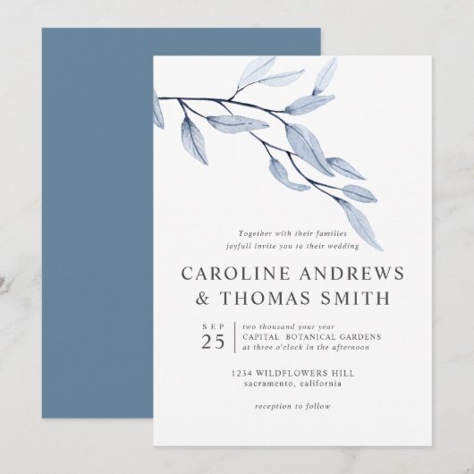 Ethereal Blue | Chic Botanical Blätter Hochzeit Einladung (Vorne/Hinten)
