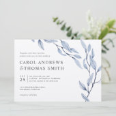 Ethereal Blue | Chic Botanical Blätter Hochzeit Einladung (Stehend Vorderseite)