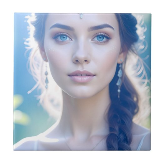 Ethereal Blue Eyes Portrait Tile Art Fliese (Vorderseite)