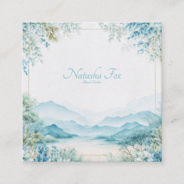 Ethereal Blue Mountain Floral Gold Frame Serene Quadratische Visitenkarte
