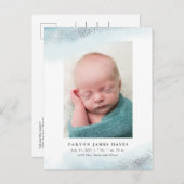 Ethereal Blue und Silver Cloud Baby Foto Birth Ankündigungspostkarte (Vorne/Hinten)