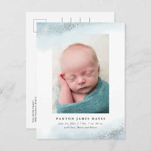 Ethereal Blue und Silver Cloud Baby Foto Birth Ankündigungspostkarte (Vorne/Hinten)