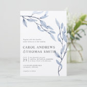 Ethereal Blue | Vertikale botanische Blätter Hochz Einladung (Stehend Vorderseite)