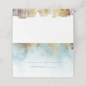 Ethereal Blue Watercolor Gold Glitzer Hochzeit Platzkarte (Außenseite Aufgefaltet)